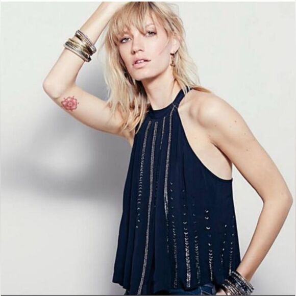 Free People Black Shimmer and Shine  Beaded Racerback Tank Top Blouse. Large - Picture 1 of 2